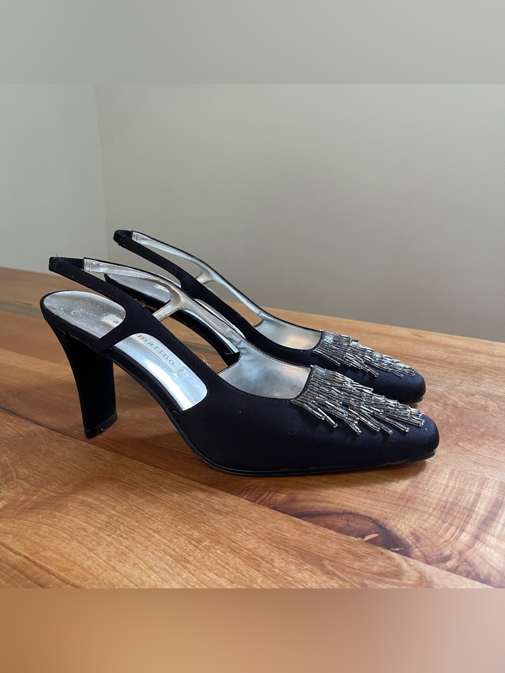 Ann Marino Black Satin Heels Sling Back Beaded Gray Silver Made in Italy 6.5